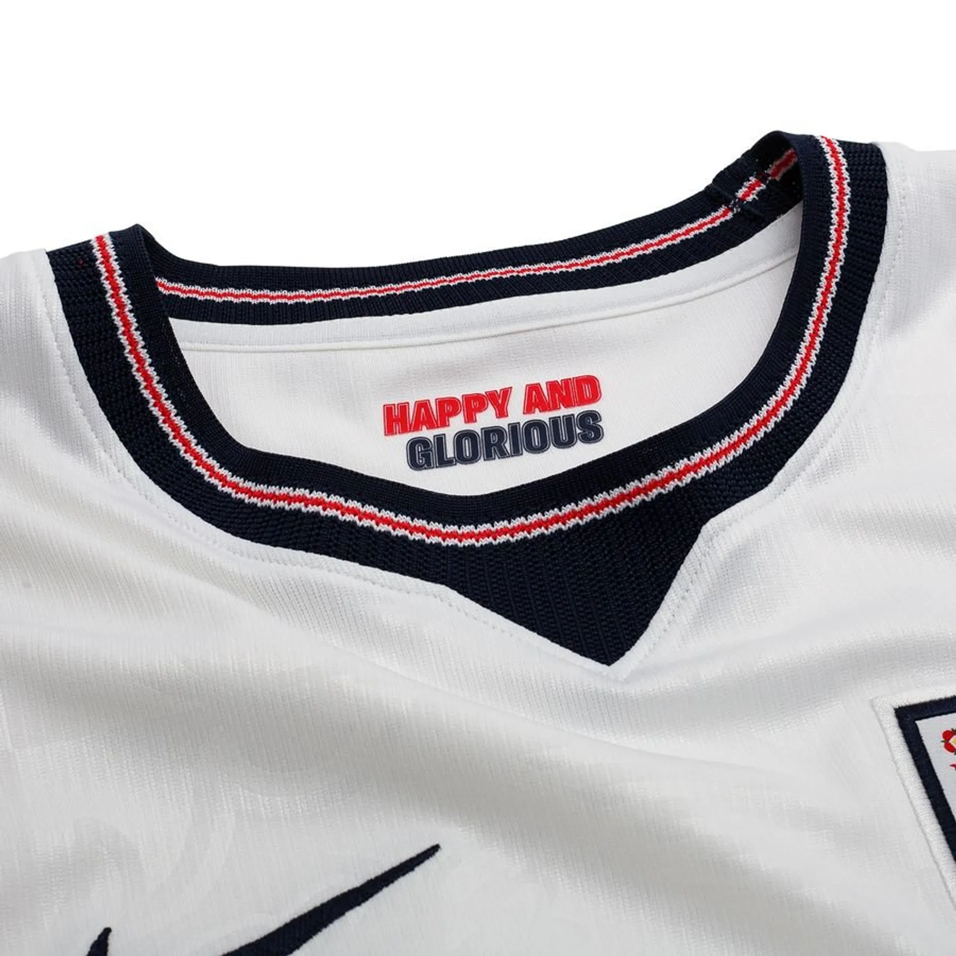 Close-up of England Home FIFA World Cup Jersey 2026 collar with 'Happy and Glorious' detail