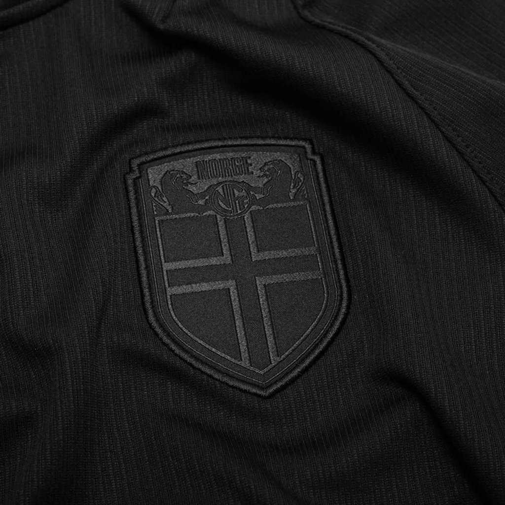 Close-up of Norway Away FIFA World Cup Jersey 2026 showing the detailed black crest design
