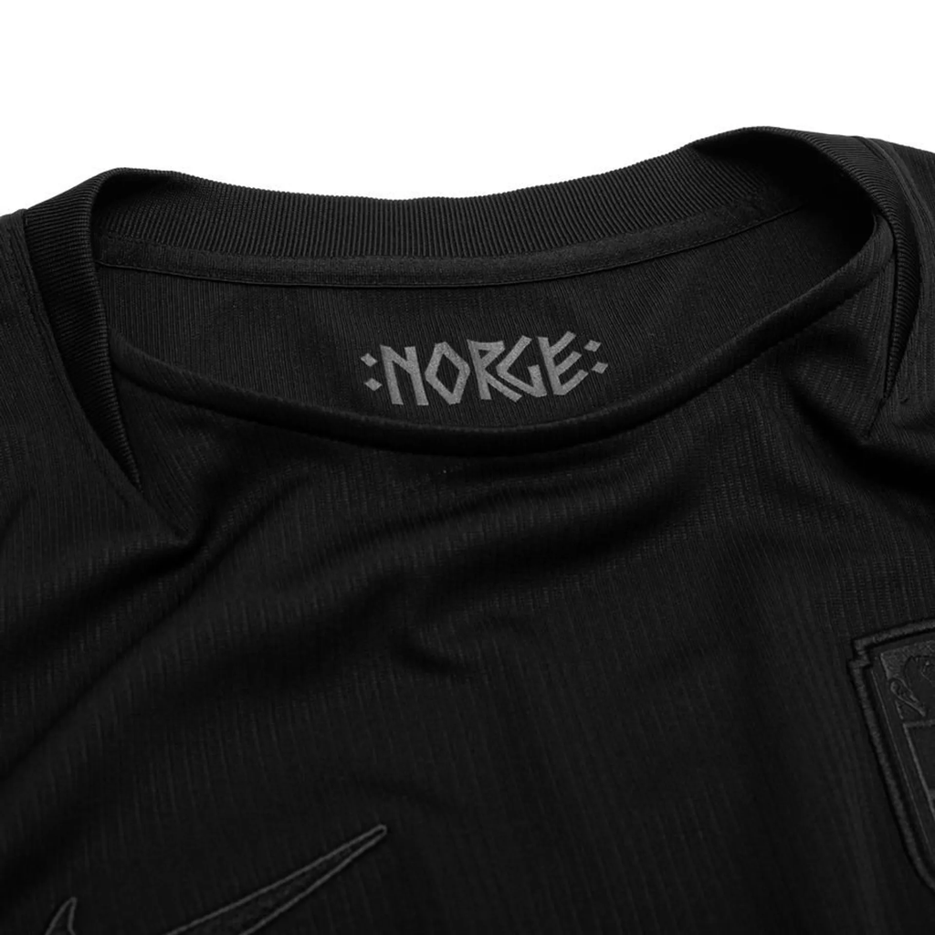 Close-up of the Norway Away FIFA World Cup Jersey 2026 featuring the NORG logo and sleek black design