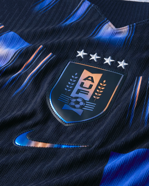 Close-up of the Uruguay Away FIFA World Cup Jersey 2026 featuring a detailed team crest and Nike logo
