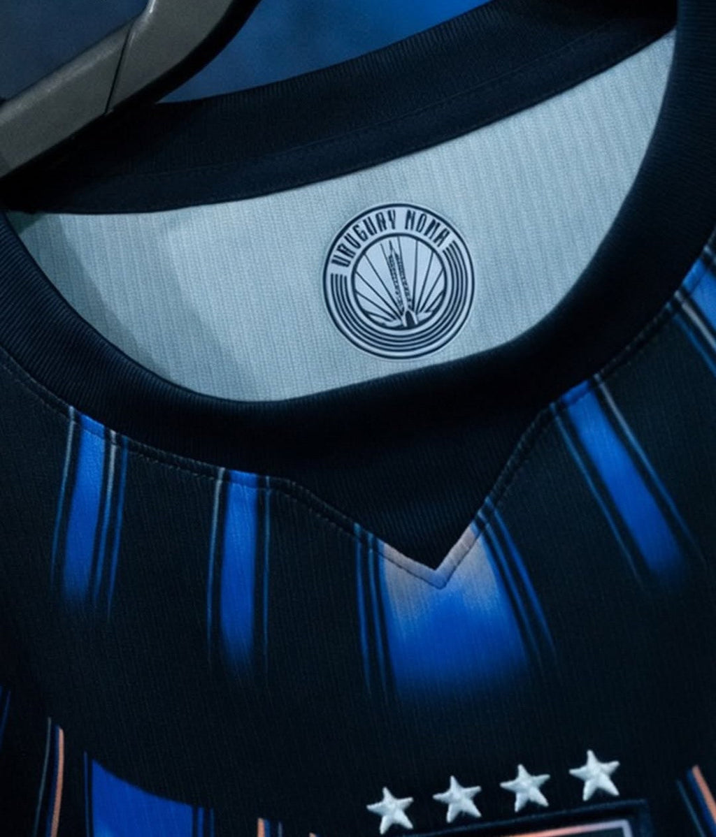 Close-up of the collar design on the Uruguay Away FIFA World Cup Jersey 2026 showcasing the team logo