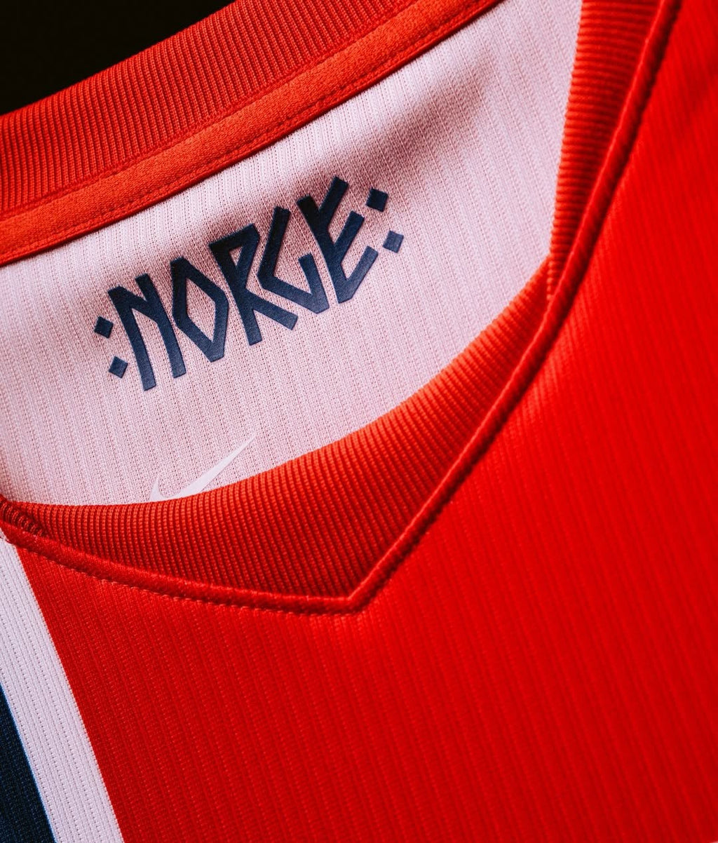 Norway Home FIFA World Cup Jersey 2026 featuring a bold design and unique 'Norge' neckline detail