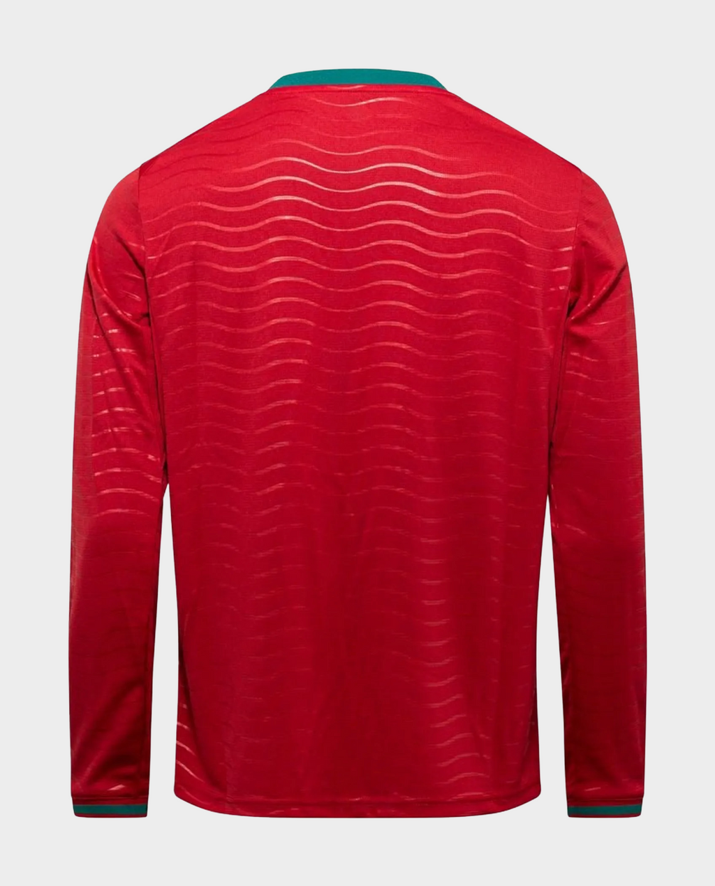 Back view of the Portugal FIFA World Cup 2026 jersey in red with wave patterns and green collar
