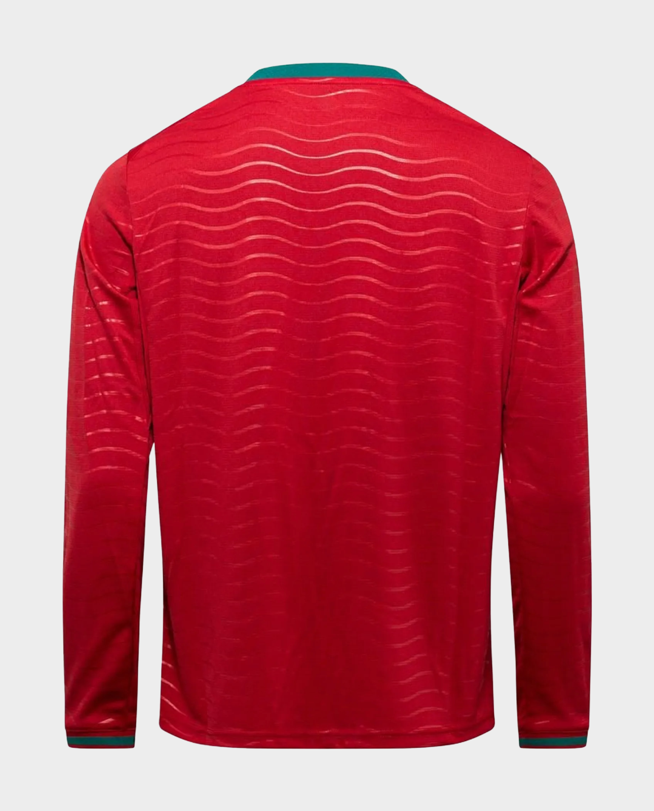 Back view of the Portugal FIFA World Cup 2026 jersey in red with wave patterns and green collar
