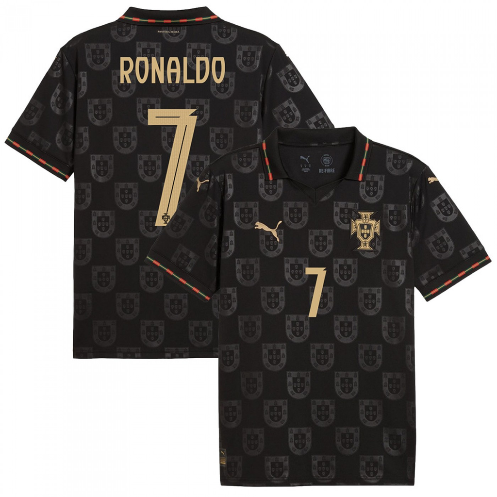 Portugal Pantera Negra Ronaldo jersey 2026 in black with gold detailing and number 7