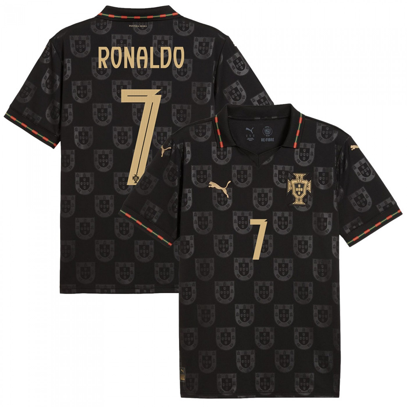 Portugal Pantera Negra Ronaldo jersey 2026 in black with gold detailing and number 7