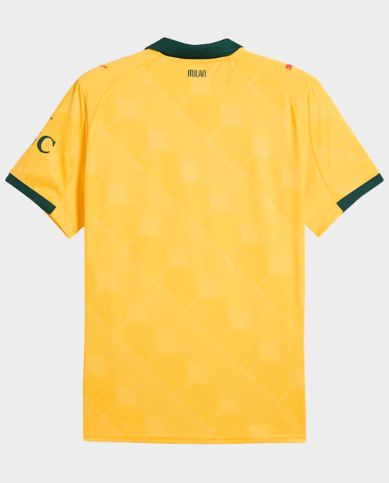 Hoop Store AC Milan 2025-26 third jersey pre order yellow back view with green collar and sleeve trim subtle geometric pattern