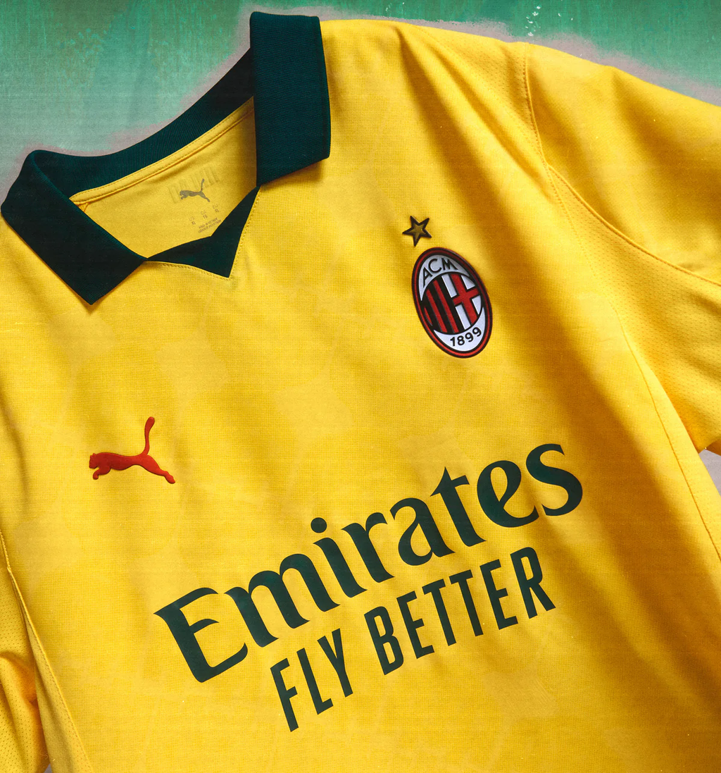 Hoop Store AC Milan 2025-26 third jersey pre order yellow Puma kit with Emirates Fly Better logo and club crest