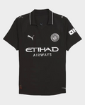 Hoop Store Manchester City away jersey 2025 in black with white logos and collar detailing