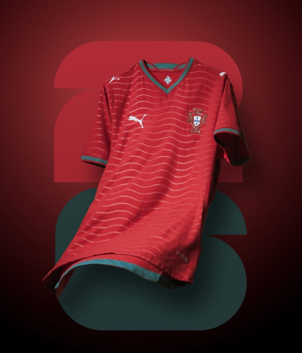 Portugal 2026 FIFA World Cup jersey featuring a red design with wave patterns and the national emblem