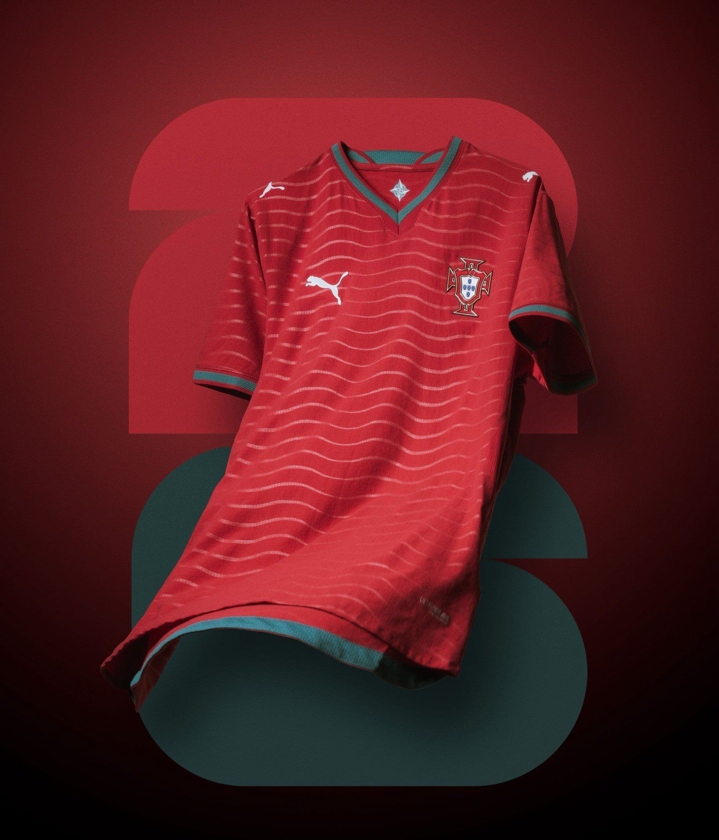 Portugal 2026 FIFA World Cup jersey featuring a red design with wave patterns and the national emblem