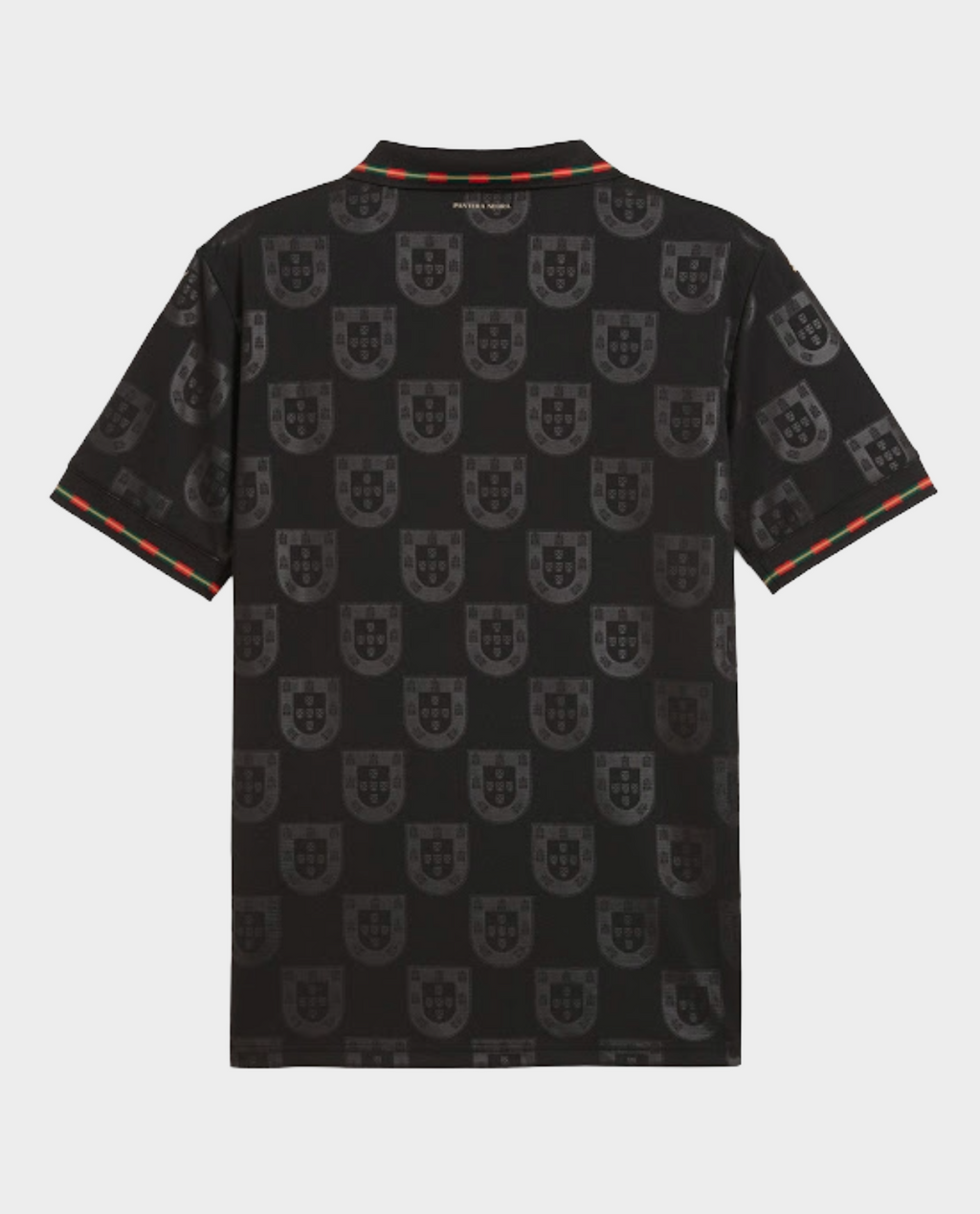 Portugal Panther Negra SE jersey featuring a black pattern with shield logos and colorful detailing