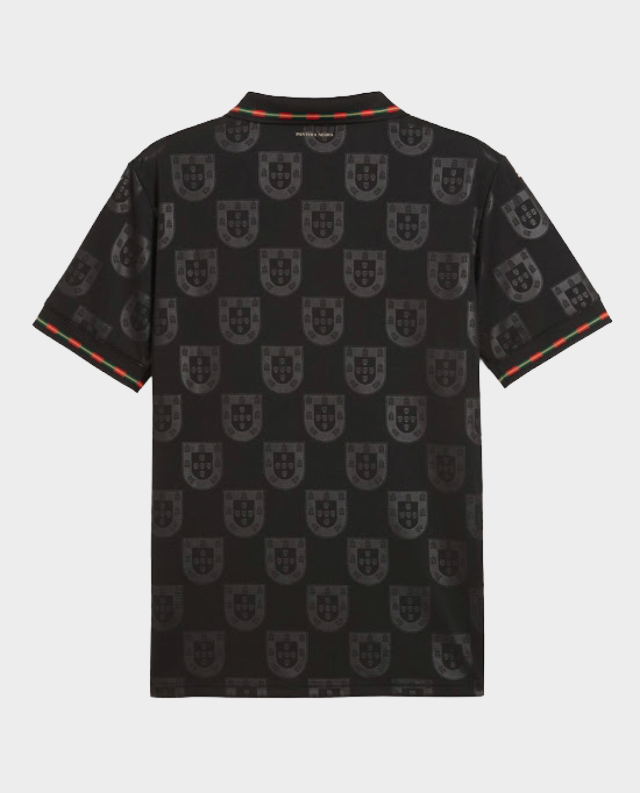 Portugal Panther Negra SE jersey featuring a black pattern with shield logos and colorful detailing