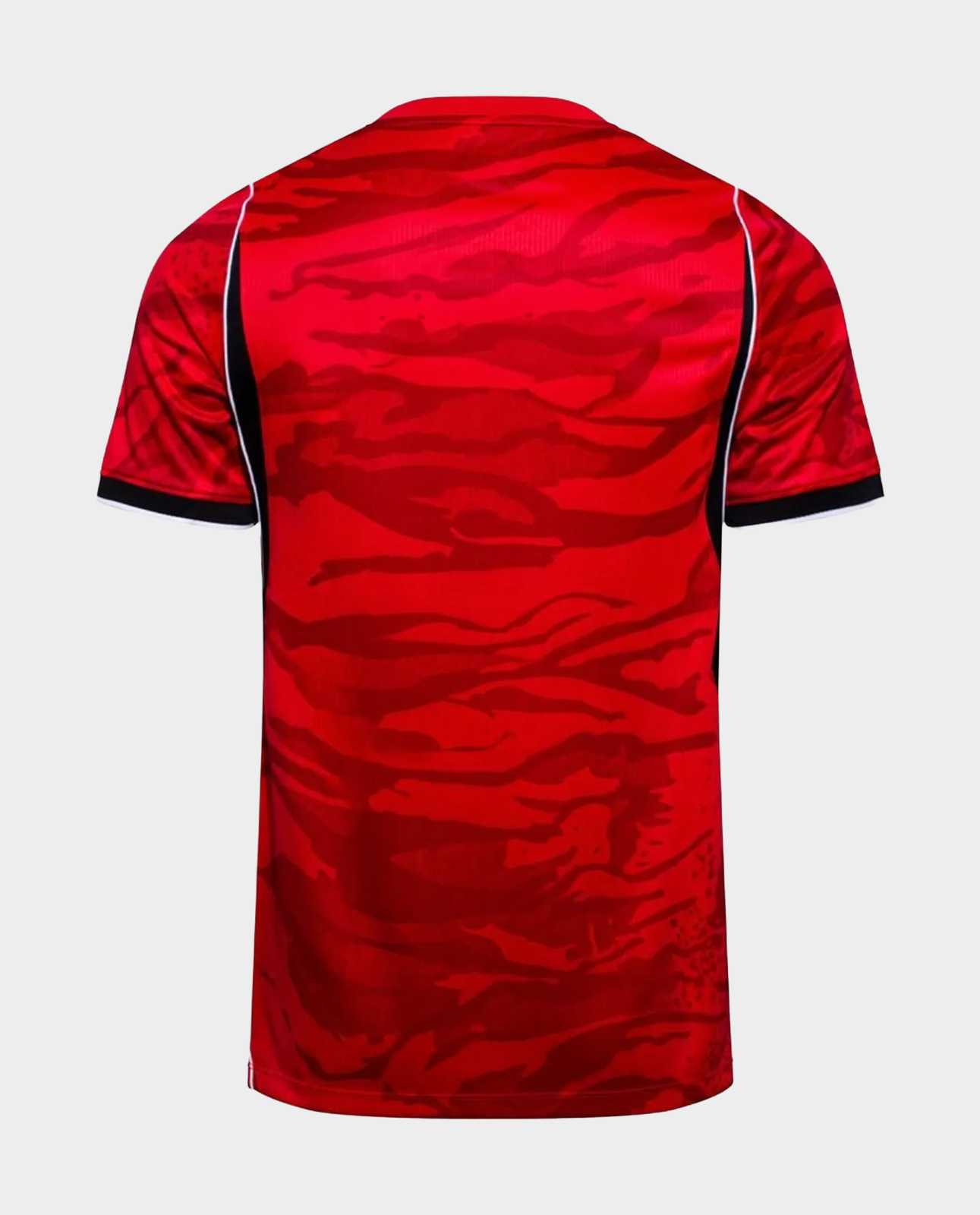 Back view of a South Korea Home FIFA World Cup Jersey 2026 in vibrant red with a unique pattern
