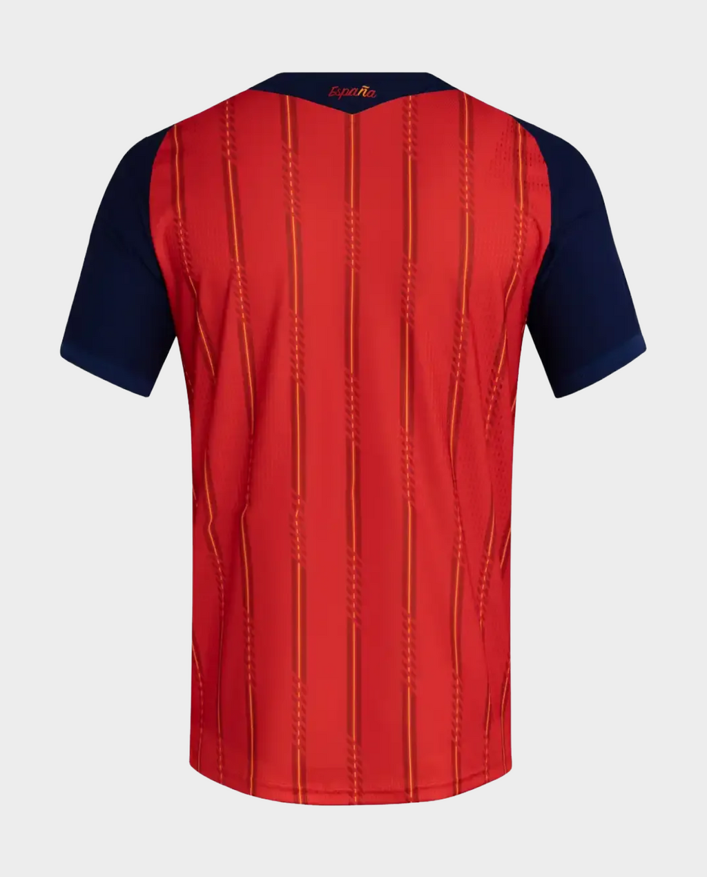 Spain FIFA World Cup 2026 jersey featuring a red design with navy blue sleeves and unique patterns