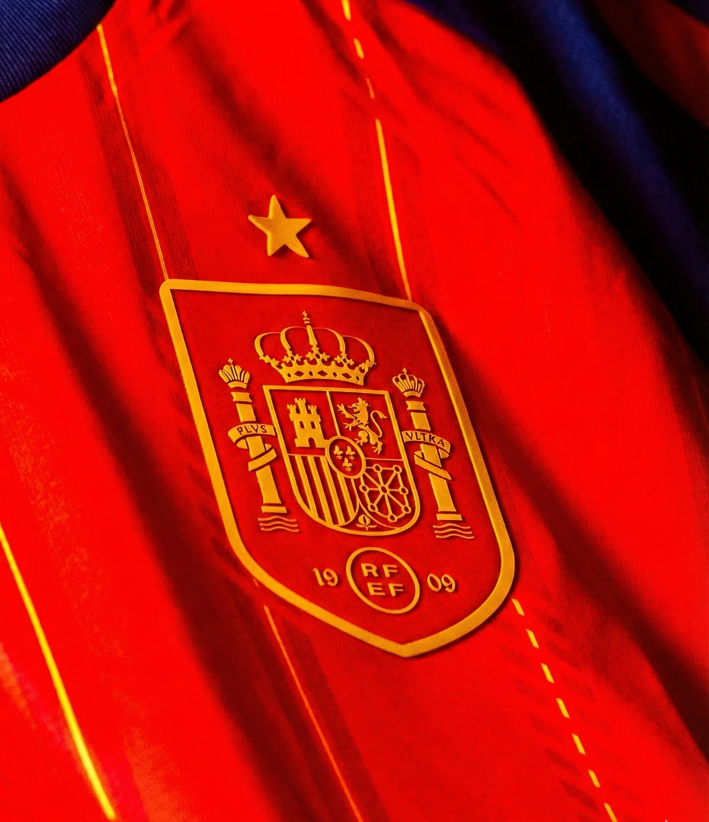 Close-up of Spain FIFA World Cup 2026 jersey featuring the emblem and vibrant colors